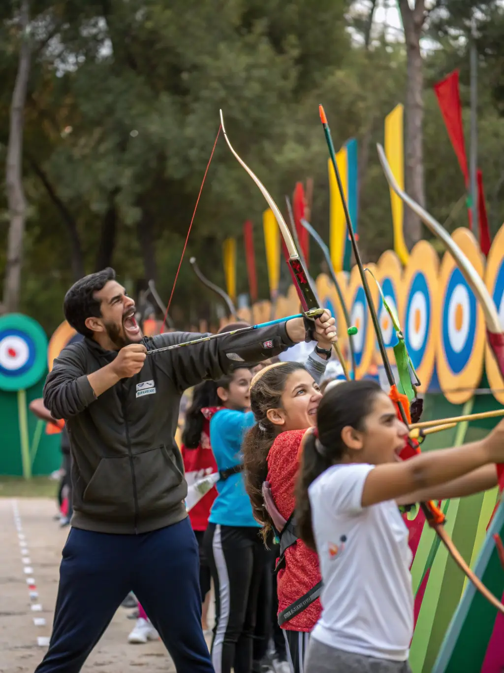 A dynamic image of archers participating in a friendly competition at Les Archers Embrunais, showcasing the club's vibrant community.