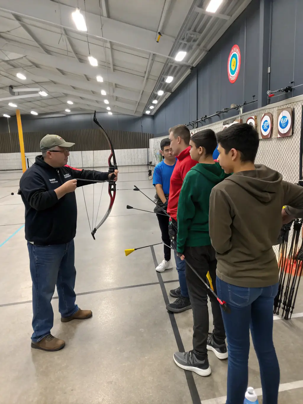 A close-up shot of an instructor guiding a student during an advanced archery workshop at Les Archers Embrunais, emphasizing precision and technique.